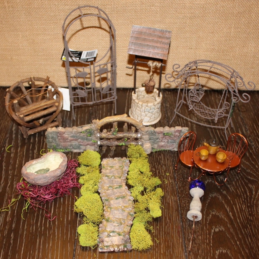 Fairy Garden Bundle NWT Bench, Swing, Pond 11 Pcs